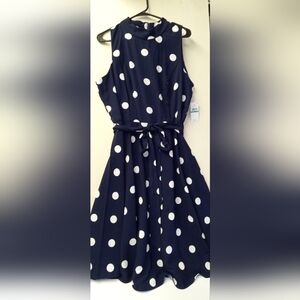 SLYN Navy and White Polka Dot Sleeveles Midi Dress 16P -NWT